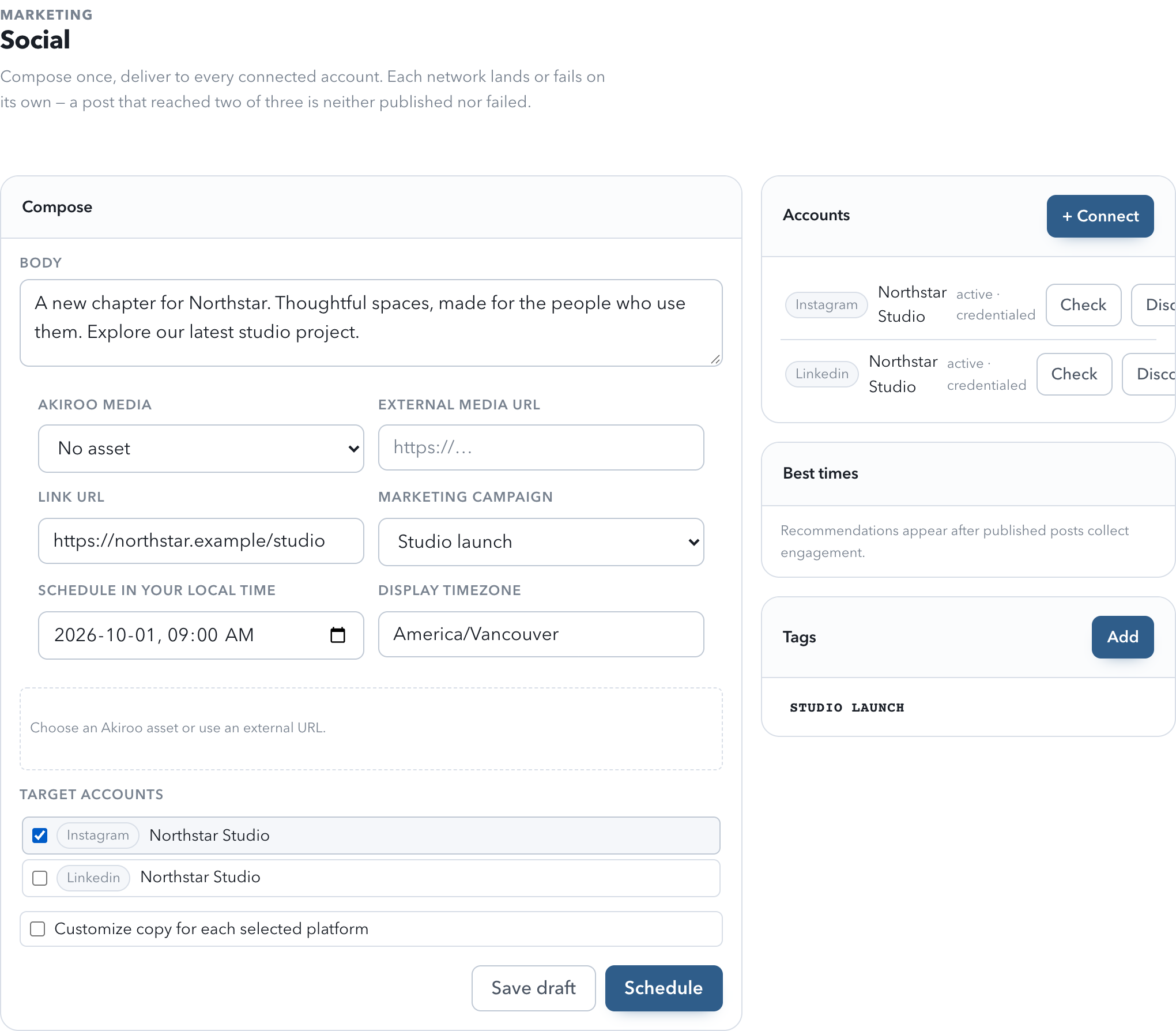 The Akiroo Marketing interface, populated with example data